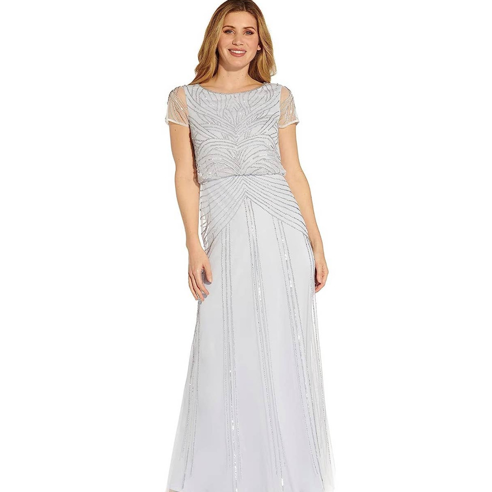 Adrianna Papell Women's Short Sleeve Beaded Blouson Long Dress size 8P